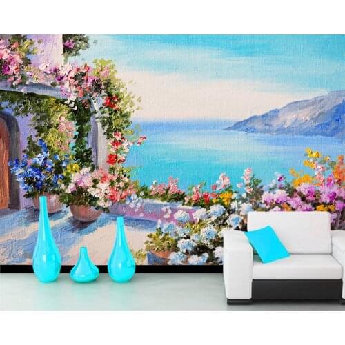 Papel de parede Oil painting-house by the sea landscape 3d wallpaper,living room tv wall bedroom wall papers home decor mural