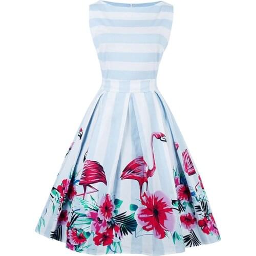 Quality Flamingo Print Summer Dress Women 2018 Sleeveless Hepburn 1950s 60s Vintage Dress Striped Tunic Swing Dresses Plus Size