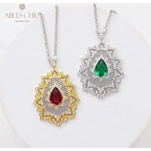 Renaissance 18K Gold Tone Lace Teardrop Ruby Pendant 925 Silver Tulle Pattern Filigree Vivid Floral Retro Necklace C11N3S25655