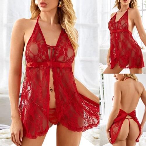 Sexy Lingerie Woman Erotic Pajamas Lace Lingerie Women Bowknot Lace Lingerie V-Neck Nightdress With Thong Bow Pajamas Suit Set