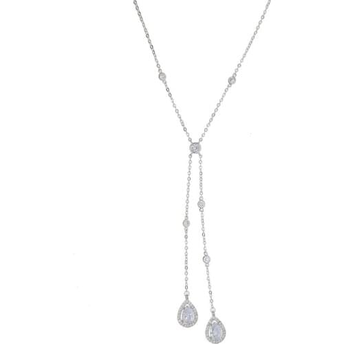 Chic fashion women lady jewelry Long cz station chain Y lariat with tear drop cz charm necklace
