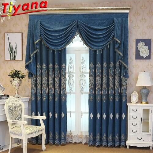 Blue Embroidered Chenille Embroidery Curtains for Living Room Luxury European Window Drapes Panels for Bedroom Hotel *VT