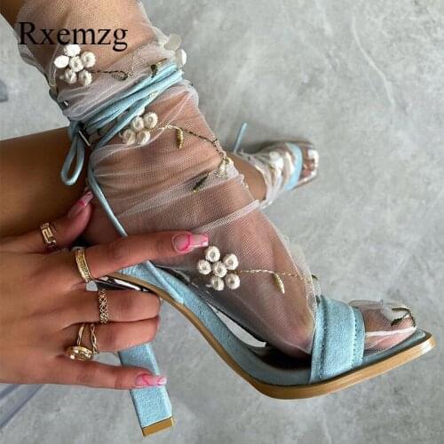 Rxemzg 2021 New Summer Women Sandals Lace-up Gladiator Open Toe Ankle Strap Square Heels Sandals Summer Ladies Shoes High Heels