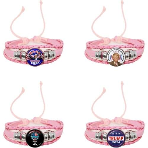 Women For Trump 2024 American Election Glass Cabochon Button Bracelet 3D Print Pink Leather Bangle Jewelry For Women Girls Gift