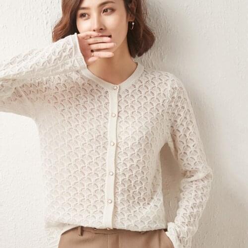 Women O-Neck Cardigan Hollow Out Sweater 2021 Autumn 100% Pure Wool Sweater Knitted Jacket Woman Loose Casual Basic Shirt