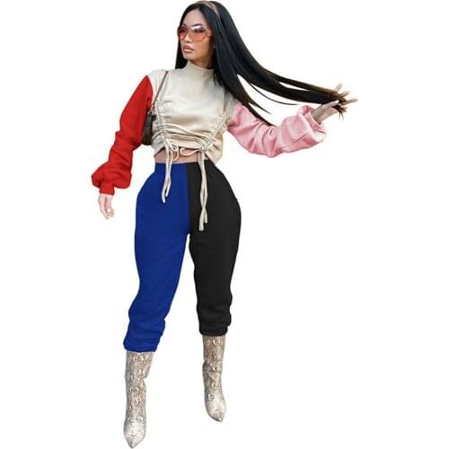 Color Block Patchwork Two Piece Sets Women Outfits 2020 Drawstring Ruched Crop Tops and Pants Suit Streetwear Matching Sets Club