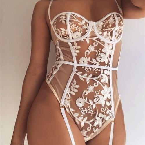Women Bodysuit Sexy Lingerie White Lace Adjustable Shoulder Strap See-through Design Bodysuit Summer Nightwear Pajamas For Women