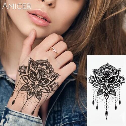 1PC Sexy Lace Owl Hot Black White Large Flower Henna Temporary Tattoo Black Mehndi Style Waterproof Tattoo Sticker