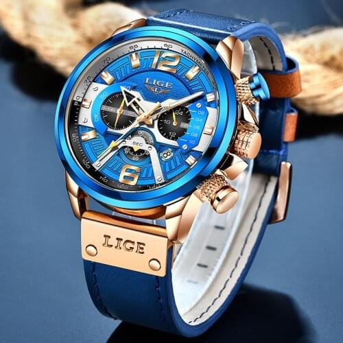 2020 LIGE Military Mens Watches Blue Top Brand Luxury Leather Quartz Watch For Men Sport Waterproof Clock Male Chronograph+Box