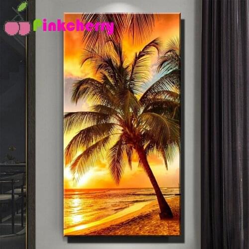 Diamond Embroidery Coconut tree DIY diamond painting Full Square Round drill 5d diamond Sunrise beach landscape 3d k1077