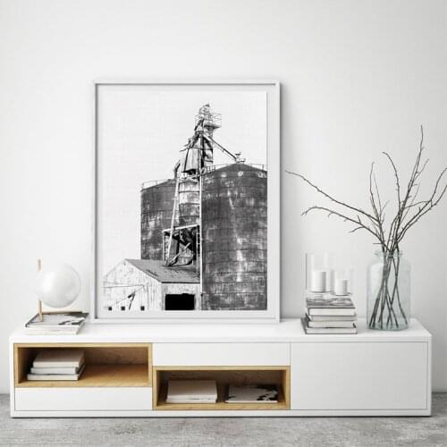 Rustic Silo Poster Prints Farmhouse Decor Grain Bins Farm Machinery Black and White Art Canvas Painting Country Western Style