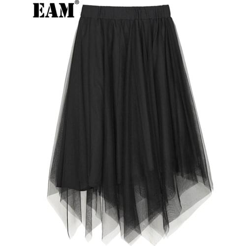 [EAM] Black Mesh Temperament Irregular Long High Waist Half-body Skirt Women Fashion Tide New Spring Autumn 2021 1DD4212