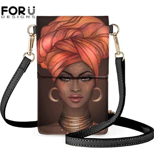 FORUDESIGNS African Black Women Print Leather Phone Bag Lady Mini Touch Screen Shoulder Bag Girl Waterproof Crossbody Coin Purse