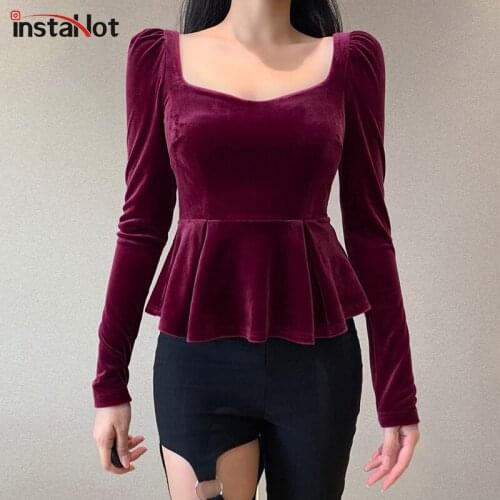 InstaHot Elegant Velvet Women T shirt Pleated A Line Square Collar Long Sleeve Office Lady Crop Top Autumn 2021 Casual tshirt