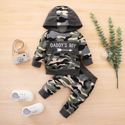 0-18M Infant Baby Clothes Set Cool Hoodies Casual Wear Camouflage Print Letter Toddler Baby Outfit