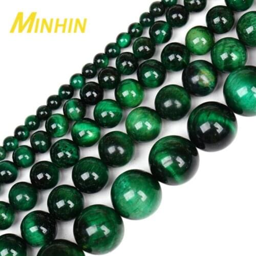 MINHIN Natural Stone Beads Green Tiger Eye Agates Round Loose Beads 15" Strand 4 6 8 10 12 MM Pick Size For Jewelry Making