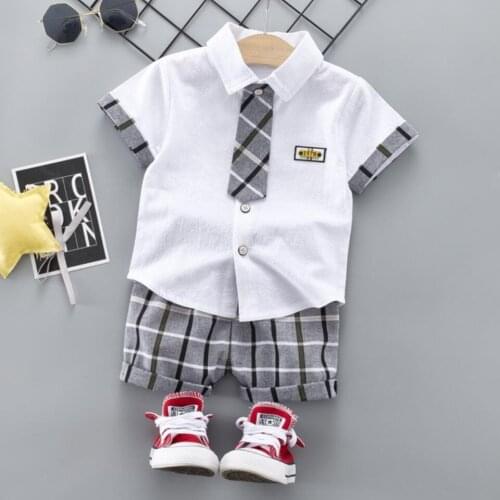 Summer Toddler Kids Clothing Baby Boy Clothes Short Sleeve Shirt Tops Bow tie +Plaid Shorts 2Pcs Gentleman Formal Suit Outfits