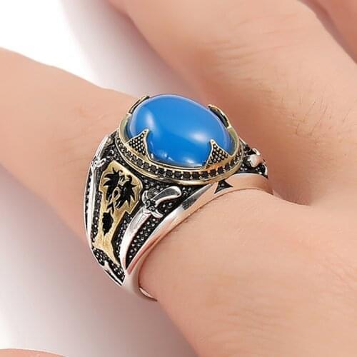 Fashion Personality Center Blue Stone Vintage Side Carving Double Sword Party Ring for Men Jewelry Gift