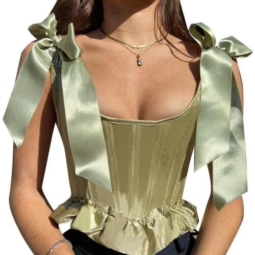 2021 Summer New Green Ruffled Silk Lace Corset Tops Sleeveless Backless Lace Ribbons Corset Tops Female Sexy Sweety Street Style