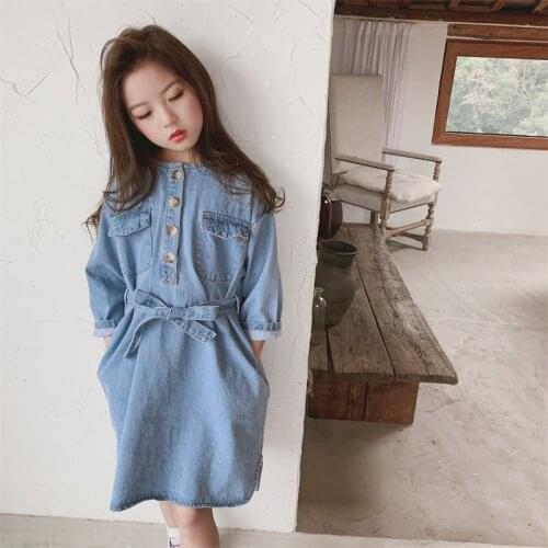 New Girls' Dresses 2020 Autumn Big Kids Korean Denim Dresses European and American Fashion Lapel Pocket Buttons Casual Clothing