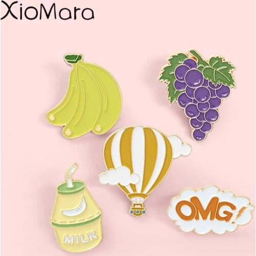 OMG! Grape Banana Hot Air Balloon Milk Enamel Pins Fruits Brooches Badges Women Clothes Bag Cute Pins Jewelry Gift for Friends