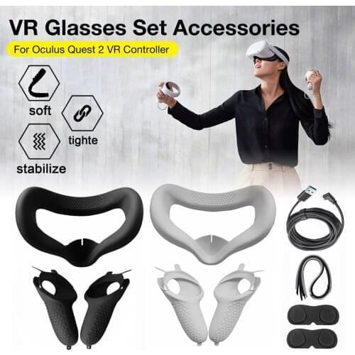 VR Headset Accessories Kit Controller Handle Cover Face Pad Eye Mask Lens Cover Set For Quest 2 VR 10FT 5m Link Data Cable Set