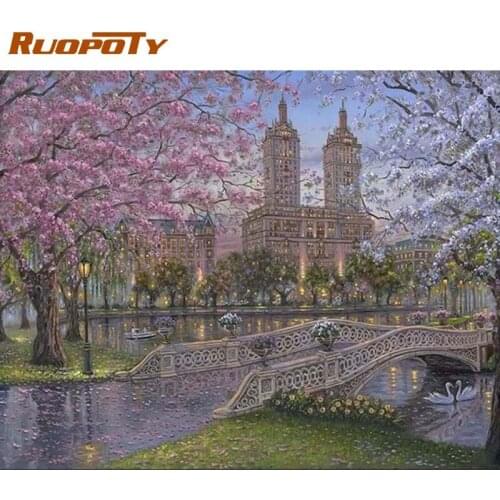 RUOPOTY Flower Bridge Landscape Painting By Numbers For Adults Oil Picture By Number On Canvas HandPainted 40x50cm Framed
