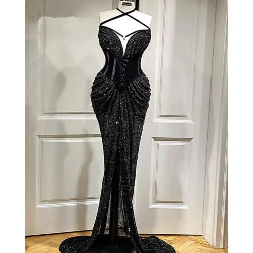 Sexy Sparkly Front Slit African Women Party Long Evening Dress 2021 Halter Neck Plus Size Black Sequins Prom Party Gowns Robe