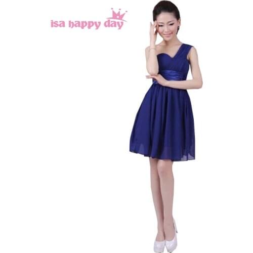 Blue bridesmaid girls bridemaid one shoulder simple summer a line chiffon elegant dress knee length bridemaids dresses H1323