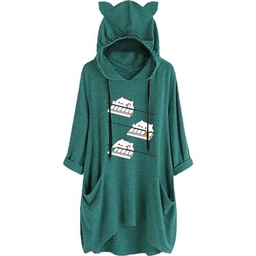 Pockets Cat Ear Print Women Hooded Casual Loose Long Sleeves Fashion Female Shirt Cute Irregular Mid-length Ladies Sweatshirts