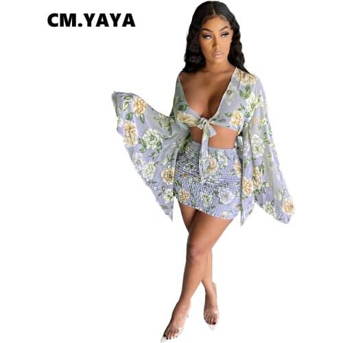 CM.YAYA Women Skirt Set Print Full Flare Sleeve Bandage V-neck Crop Tops Sheath Elastic Mini Skirts Two Piece Sets Outfit Summer