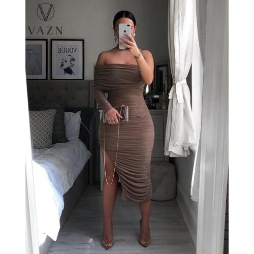 VAZN 2021 New Long Dress Solid Sexy Joker One Off Shoulder Full Sleeve Sweet Free High Waist Women Pencil Midi Dress