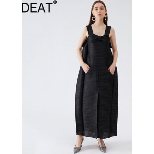 DEAT Women Pleated Dress Back Bandage High Elastic Strapless Sleeveless Loose Casual Style Dresses 2021 Summer Fashion 15HX221