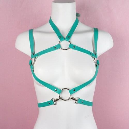 Sexy Lingerie Body Bondage Chest Harness for Women Green PU Leather Top Hollow Out Bra Cage Harajuku Suspenders Festival Clothes