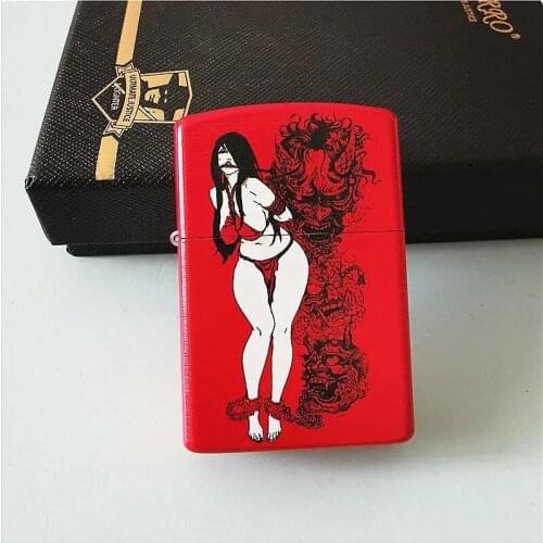 Zorro flip wheel kerosene lighter five-sided color printing painted red girl pure copper lighter