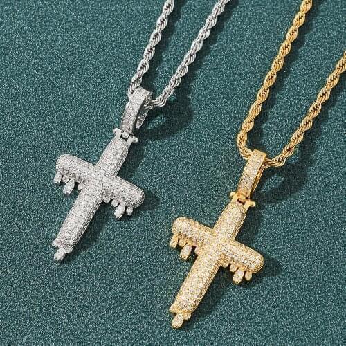 Bling Iced Out Necklace Zircon Water droplets Cross Pendant Necklace Chain Necklace Hip Hop Jewelry For Men Women