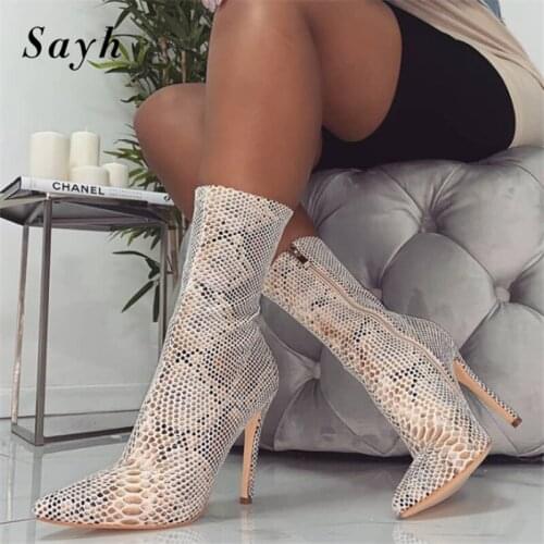 Autumn Boots Women Ankle Shoes Stretch Zip Snake Skin Sexy Shoes Pointy Toe Stilettos Boots Womens Boots for Women Sexy Shoes