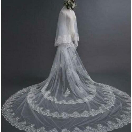 Two-layer Cathedral Length Veil white or ivory Tulle Lace Applique Bridal Veil Long Lace Wedding Veil Wedding Accessoriy