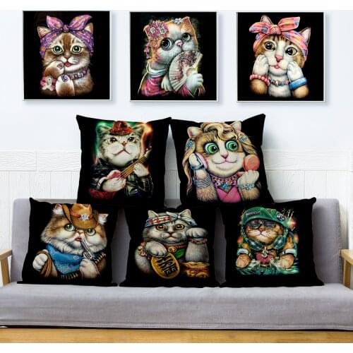 Fashion Cartoon Cats Print Cushion Cover 45*45 Linen Pillow Covers Colorful Cat Throw Pillows Cases Home Decor Square Pillowcase