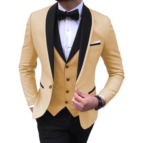 Mens Suits Champagne Slim Fit 3 Piece Black Shawl Lapel Casual Tuxedos for Wedding Groomsmen Suits Men 2020 (Blazer+Vest+Pant)