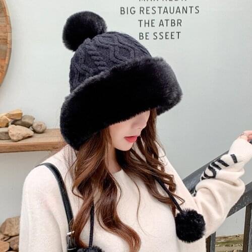 New Women Winter Hat Keep Warm Pompoms Cap Add Fur Lined Warm Hats For Women Casual Teens Girls Thicken Knitted Hat