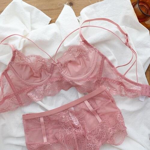 New Sexy Bandage Underwear Women Set Ultra-thin Unlined Lingerie Bra Push Up BCD Cup Brassiere Lace High-rise Panties Short Sets