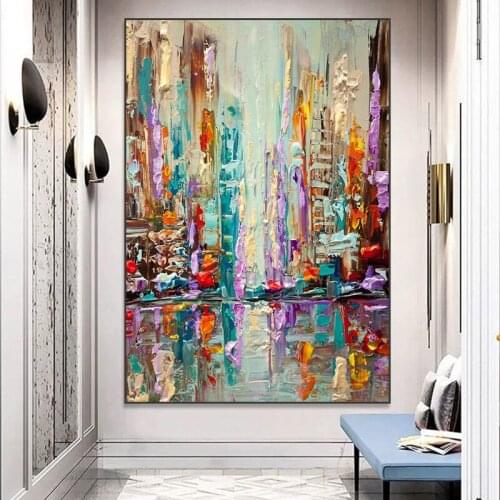 Knife Painted Iridscence Cityscape Pic Hand Painted Abstract Oil Painting On Canvas Wall Art For Living Room Home Decor No Frame
