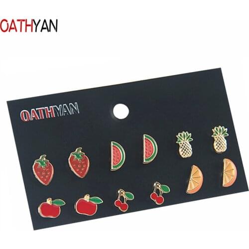 OATHYAN 6 Pairs/Set Cute Red Enamel Fruit Stud Earrings Sets For Women Girl Gift Pineapple Apple Cherry Metal Earring Jewelry