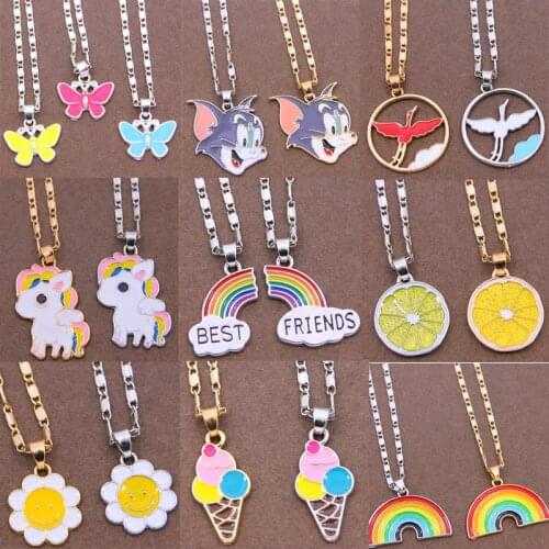 Unicorn Pendant Necklace Best Friends rainbow Cute Butterfly smiley sun flower Necklace Golden Chain Choker For Women Girls Gift