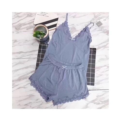 Daeyard Two Pieces Cotton Pajama Set Sexy Lace Top And Shorts Summer Pyjamas Sleepwear High Elastic Pijama Nightie Home Clothes