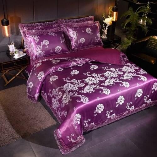 Dropshipping Wedding Duvet Cover Set Wedding golden Jacquard bedding set Lace flat sheet Pillowcase 4pcs European luxury violet