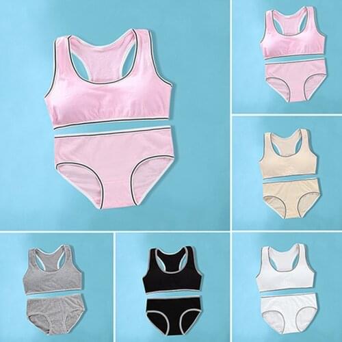 1set Teenagers Girls Training Bra Panties 8-16 Years Old Teens Sport Bras Kids Push Up Underwear Puberty Students Vest Panties