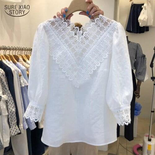 Long Sleeve Spring Tops Sweet Lace Stitching V-neck Womens Tops and Blouses Korean Style Solid Cotton Shirt Women Blusas 13527