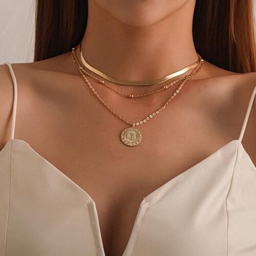 Vintage Bohemia Choker Gold Bead Round Piece Layered Necklace for Women Snake Bone Chain Collar Pendant Sun Flower Necklace